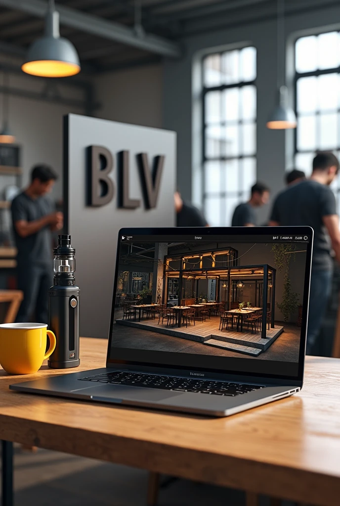 Laptop screen shot showing 3d design of iron frame cafe. Beside the laptop is a black vape the size of a finger and a yellow coffee cup.. Behind the laptop there are several welders welding iron fences and canopies in a large warehouse with lots of iron poles., there is a large iron board with BLV written on it.