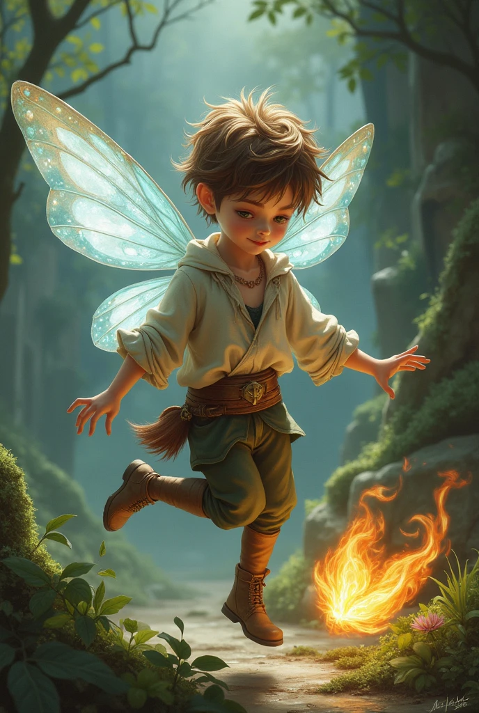 A small young male fairy with brown hair, crystal pale blue wings and wearing a herbalist outfit playing with a small fire elemental (dungeons & dragons)