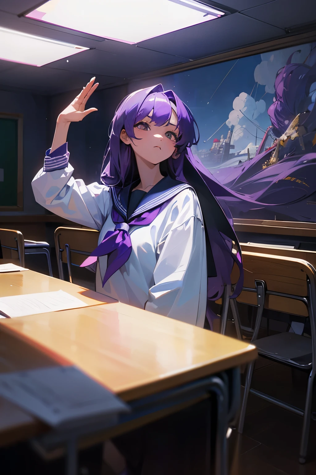 An eighteen-year-old girl with long purple hair and a sailor suit sits in a classroom (school 1.5 in the background) (serious expression, cold 1.5) (Best Quality: 1.1) (masterpiece: 1.3) with an unparalleled masterpiece, surreal 8K, perfect work of art, Super detail, Best Quality, masterpiece 4K wallpaper aesthetics, masterpiece, award-winning artwork, official art, cinematic lighting
