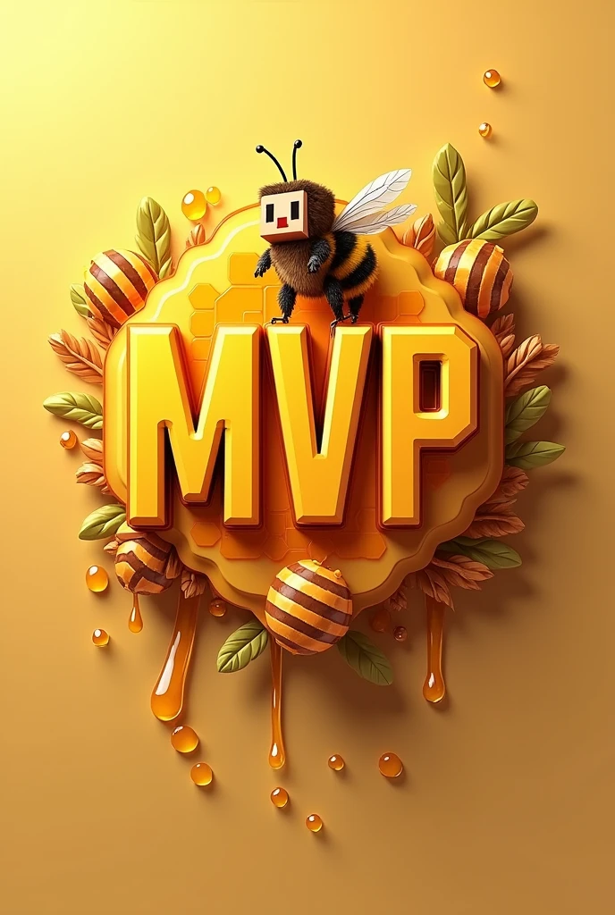 A detailed emblem with the text "MVP" written in an orange-yellow color, a minecraft-themed illustration featuring a minecraft bee and honey, no background, (best quality,4k,8k,highres,masterpiece:1.2),ultra-detailed,(realistic,photorealistic,photo-realistic:1.37),digital illustration,3d render,highly detailed,intricate details,vibrant colors,volumetric lighting,dynamic composition,cinematic lighting,warm color tones,minecraft style,fantasy,organic shapes,elegant typography,embossed text,honeycomb pattern,bee hive,honey dripping,golden highlights