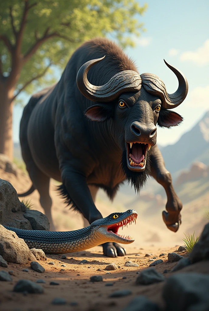 This is a digital image of a white-toothed viper walking on rocky ground. And the buffalo, with its mouth wide open, emits sharp teeth and sharp claws. And its eyes are yellow. The background is a light green tree from sunset. The land is covered with rocks and boulders and there are trees and mountains in the distance. The general feeling of the image is fierce and energetic.