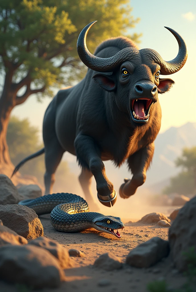 This is a digital image of a white-toothed viper walking on rocky ground. And the buffalo, with its mouth wide open, emits sharp teeth and sharp claws. And its eyes are yellow. The background is a light green tree from sunset. The land is covered with rocks and boulders and there are trees and mountains in the distance. The general feeling of the image is fierce and energetic.