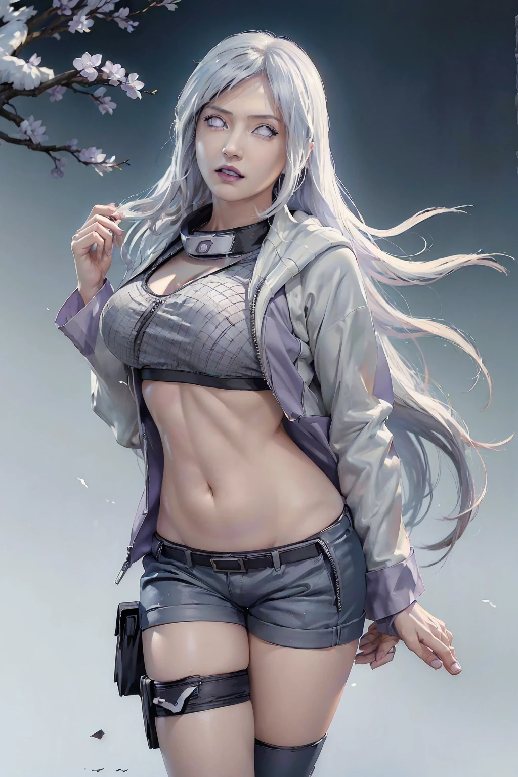 (Masterpiece artwork, best qualityer, highres:1.4), detailded, details Intricate, 4K, (solo:1.4), realisitic, Fotorrealisitic, face detailed, Detailed body limbs, 1girl, solo, Hinata Hinata \(Naruto Shippuden\), Hinata Hyuga character outfit \(Naruto Shippuden\) sleeveless, (Byakugan in a striking white color:1.5), camisa sleeveless, Dark lips, unzipped jacket, witheout panties, extreme breasts, extreme female body, fully body, (sexly)