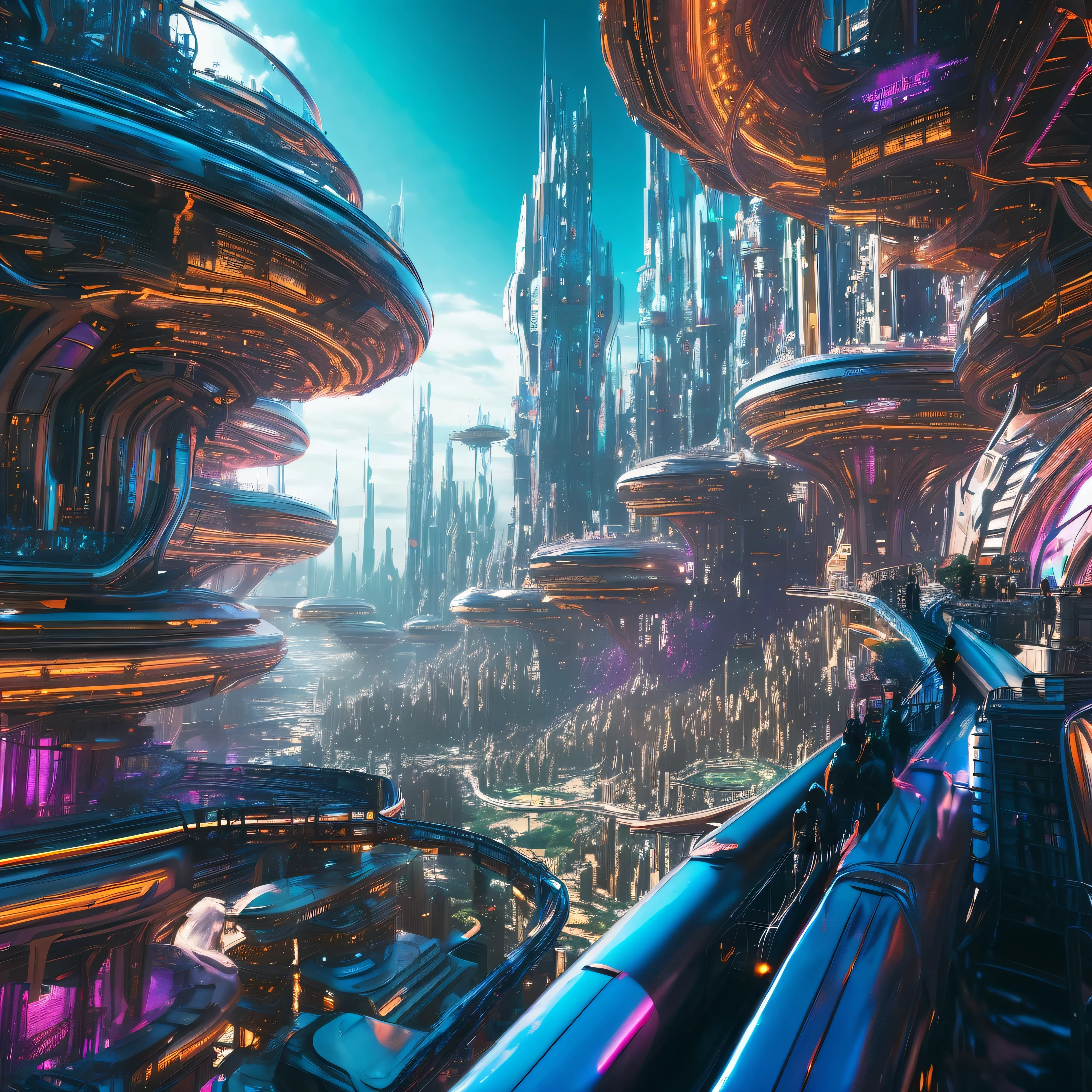 Vast overlook futuristic metropolis advanced interlinked viaduts rollercoaster crispy shimmering hyperdetailed maximalist overlapping swirling hanging floating multilevels    :: futuristic city vanguard advanced metropolis , grainy glimmering glistering . Realistic, vivid, sharp, raw