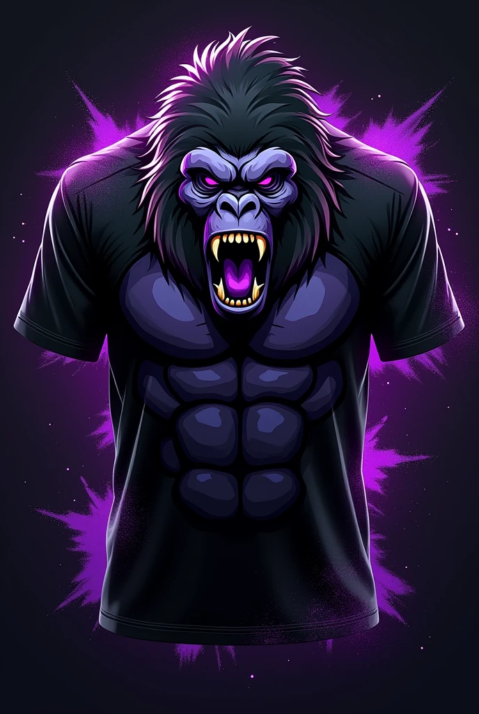 Create an interclass model t-shirt with the predominant color black and purple details, the mascot is a gorilla