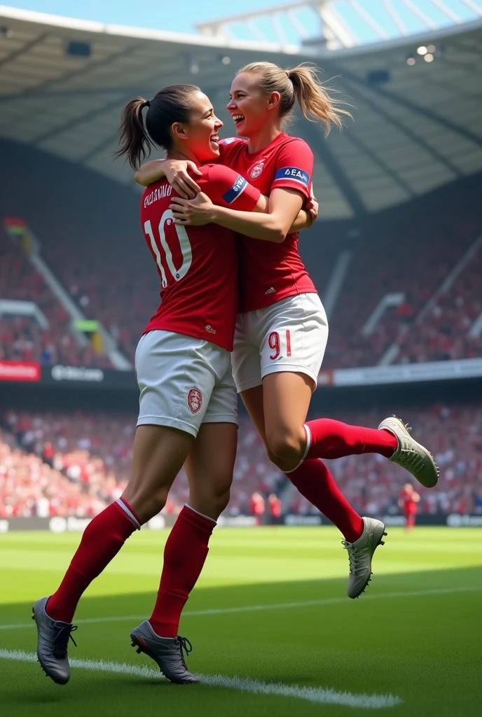 A british football match where a woman and man football players are celebrating the man has jumped into the womans arms and she is carrying him in a stadium