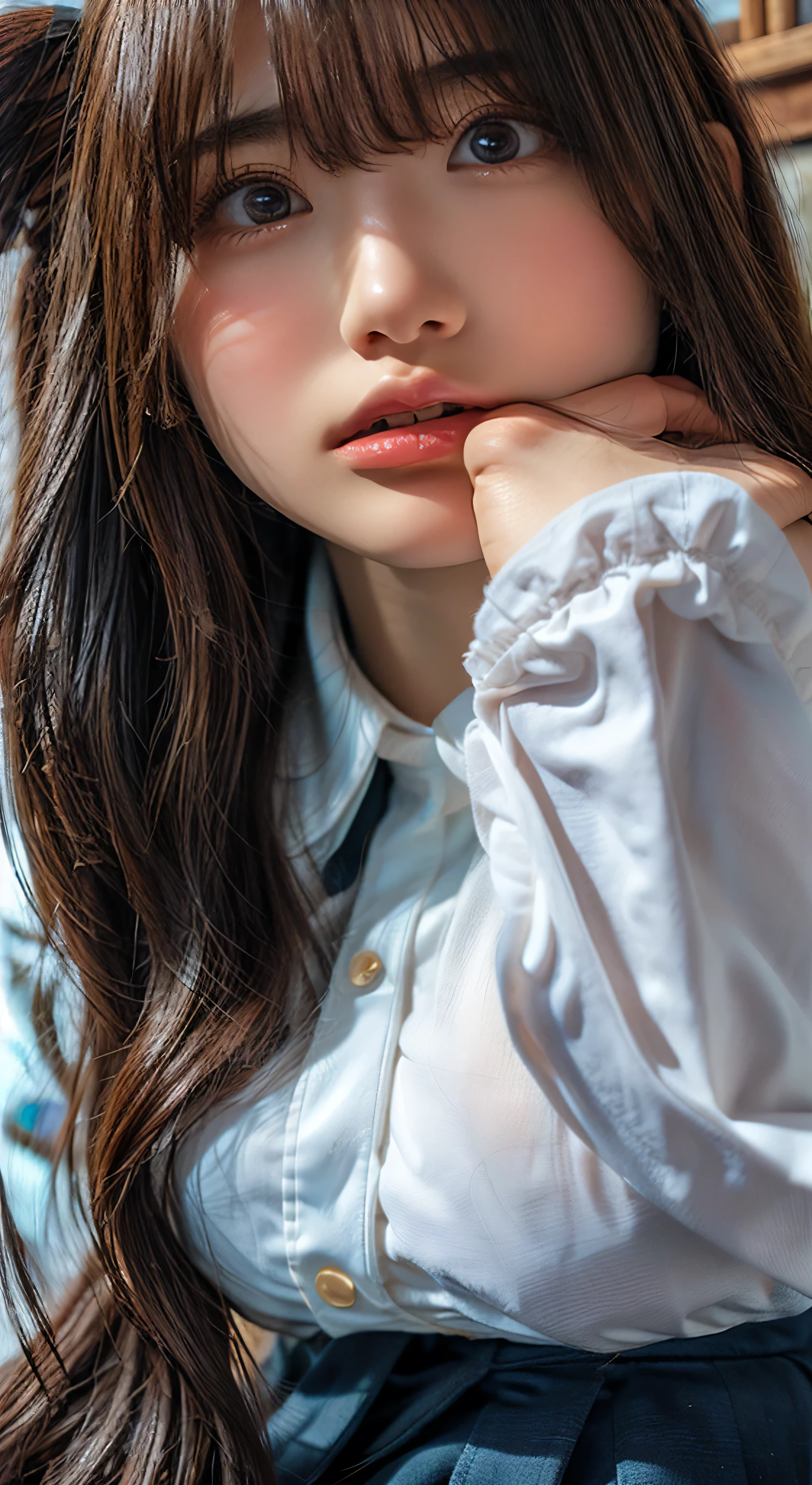 (Highest quality、Tabletop、、Best image quality、Award-winning works)、Extremely cute and lewd high school girl、White polyester collared shirt ripped because her breasts were too big、Short sleeve:1.4)、(Navy Pleated Skirt:1.1)、Girl portrait photography、Glowing Skin、Brown Hair、Are standing、Look at the audience with a big smile on your face、Sculpture Pose、(Science Room Background:1.45)、(Very obscene and huge breasts bigger than her face:1.85)、Accentuate your body lines:1.1)、Very large red ribbon tie、Very long hair:1.75、A begging expression for someone to hold her