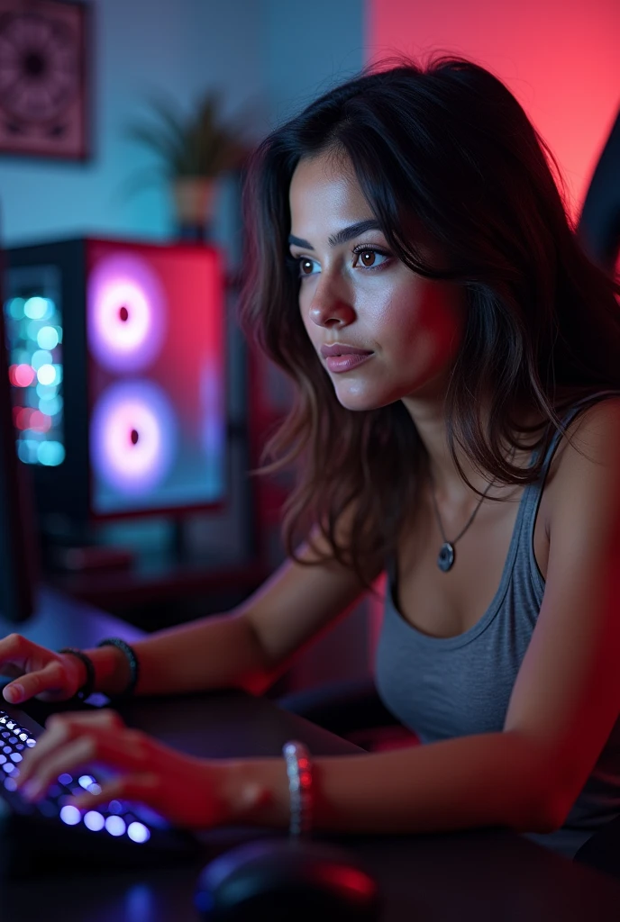 one Brazilian woman, twenty five years old, with tanned skin, dark brown hair, and dark brown eyes, play on gamer pc
