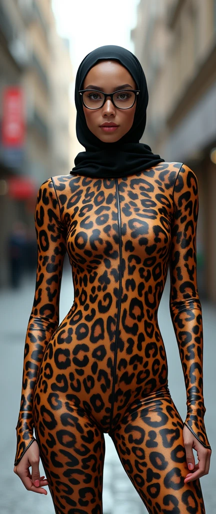 the twenty nine years old asian muslimah wearing a pair of black glasses wears mix leopard print lycra and spandex turtleneck unitard catsuit and mix leopard print lycra dancewear hijab.