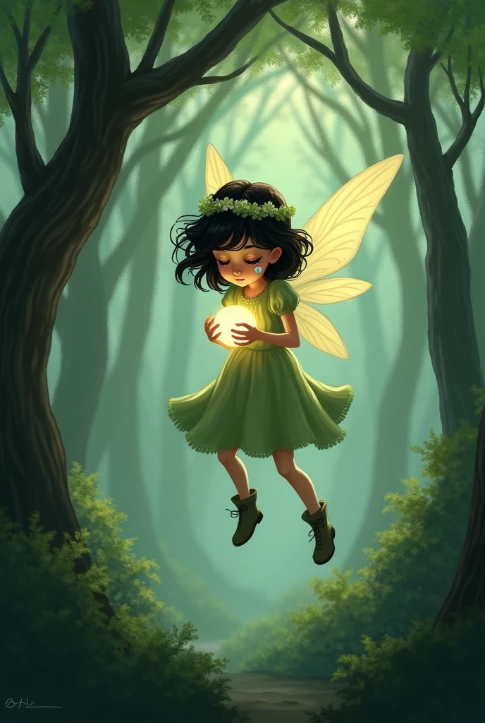 at a forest ,A little fairy, fly away, Brunetette, with wavy black hair, flower tiara, light green boots, wings and light green dress, was crying, muito triste, holding a little ball, that shone a little
