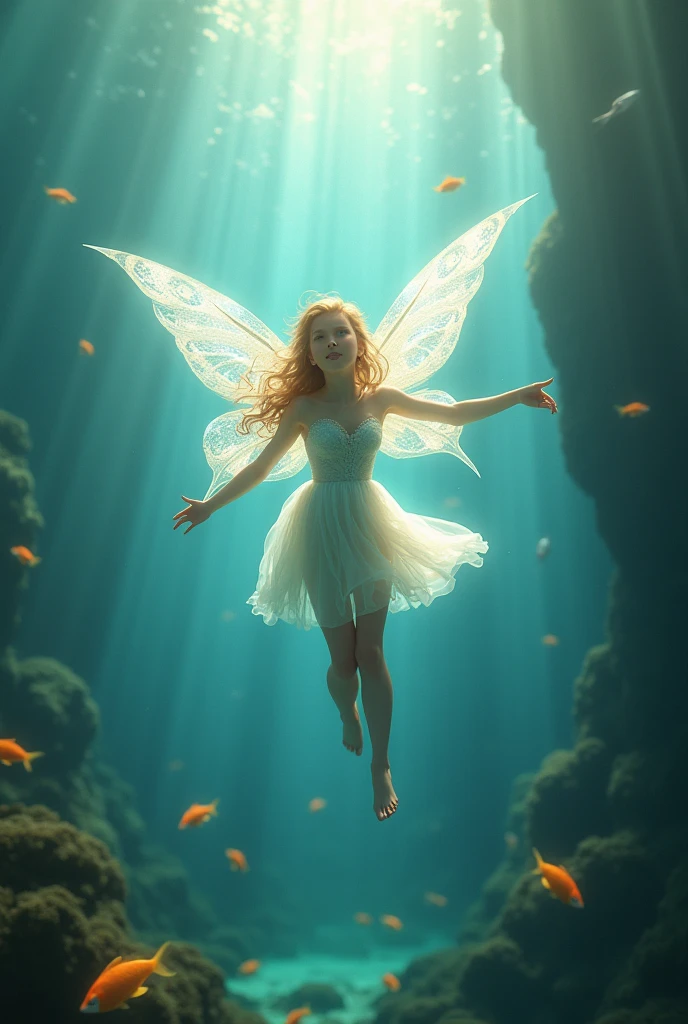 Fairy with angel wings flying under the sea