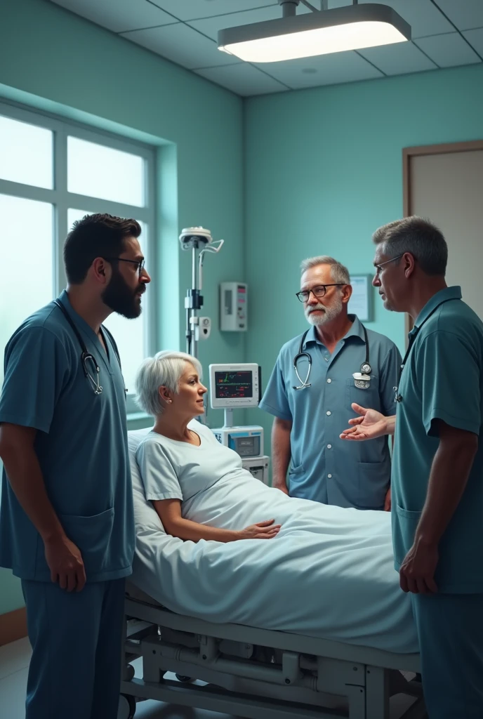 Three men talking to a woman awake in the hospital 