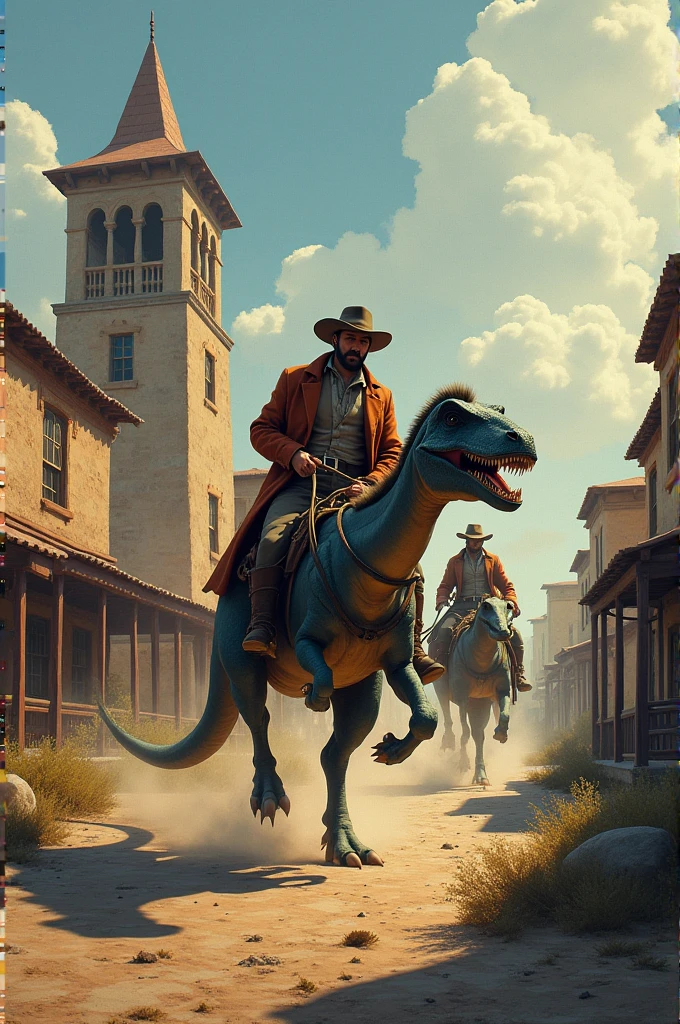 Concept art of an old western town being invaded by bandits riding dinosaurs