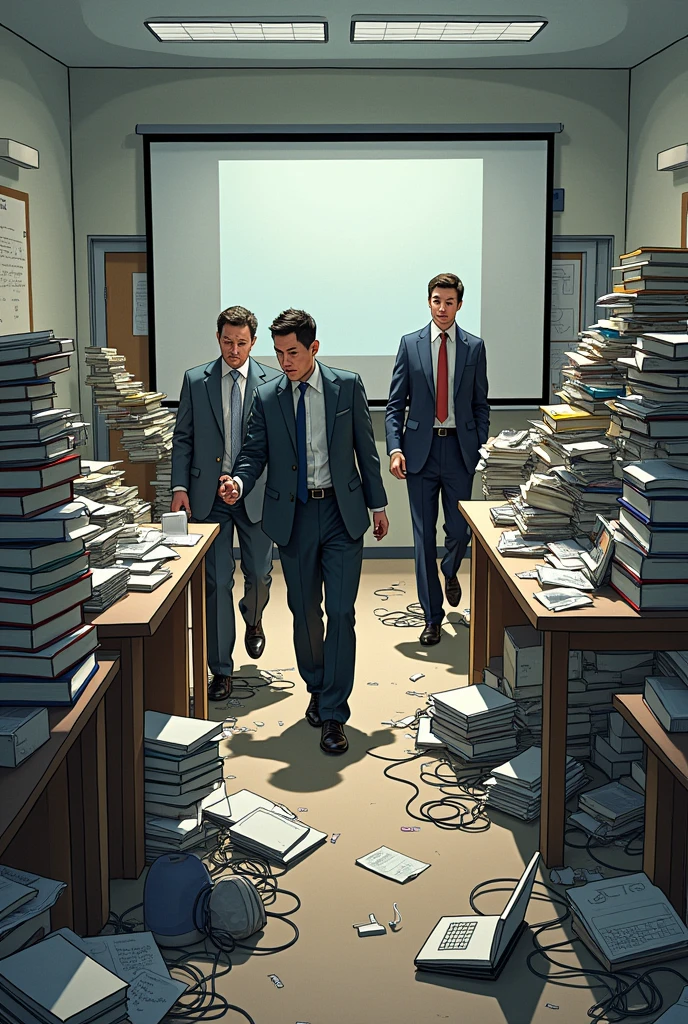 The meeting room is disorganized, with equipment and presentation materials out of place. Clutter causes delays in starting meetings and makes it difficult to prepare for presentations. With desperate officials