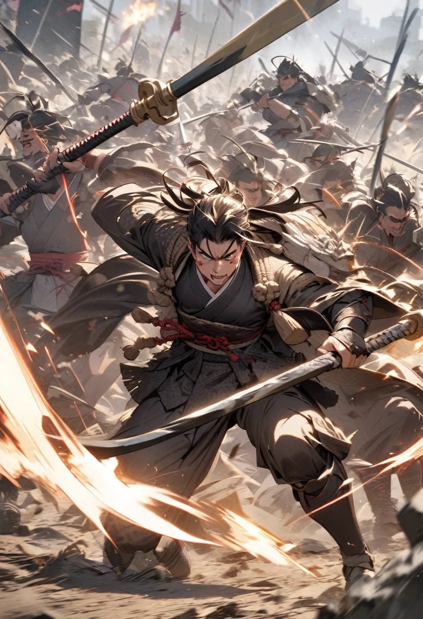 A powerful samurai charging forward on a battlefield, holding the 'Tombogiri' spear with unstoppable force. The background shows fallen enemies and a chaotic battle."