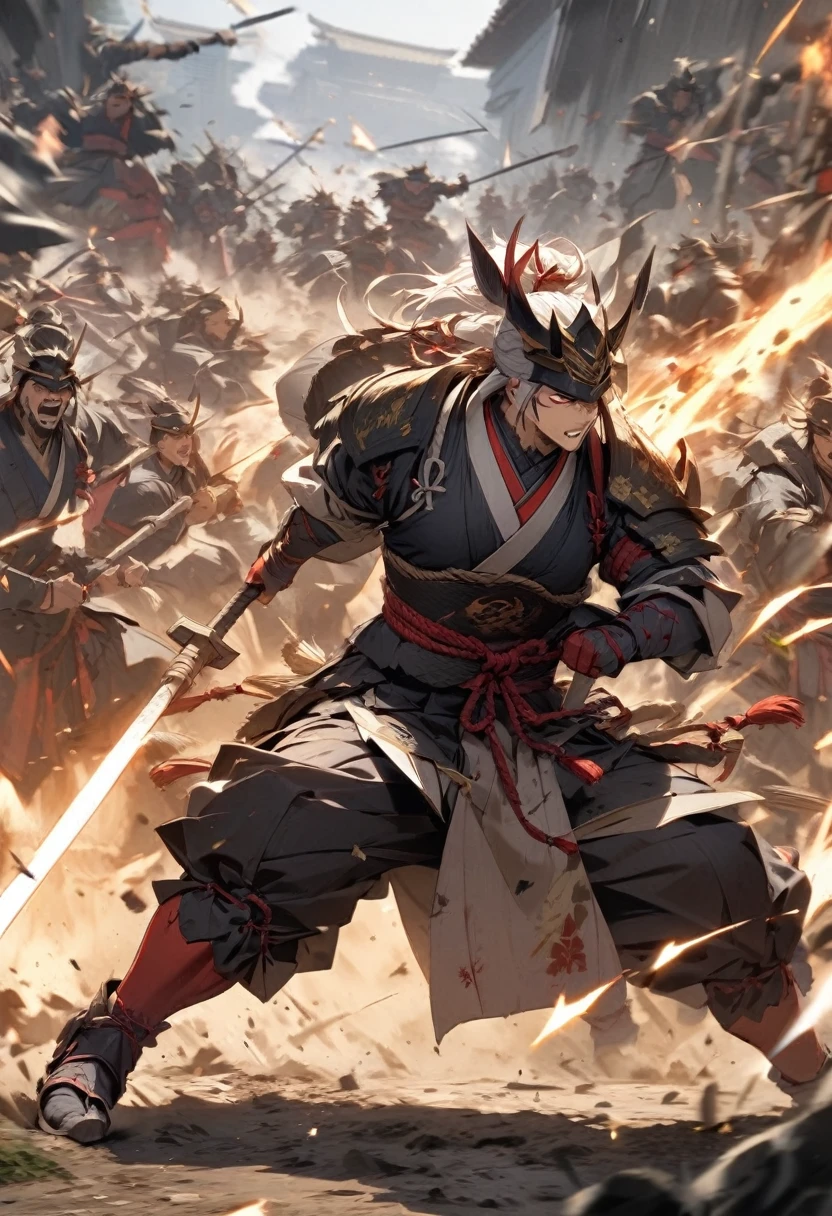 A powerful samurai charging forward on a battlefield, holding the 'Tombogiri' spear with unstoppable force. The background shows fallen enemies and a chaotic battle."