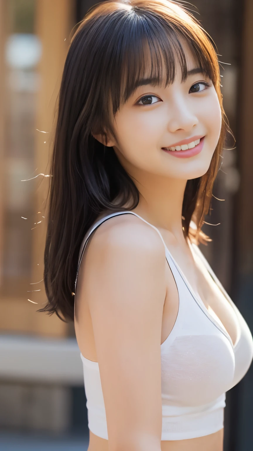 1 girl, (White tank top、The clothes are see-through、Protruding nipples:1.1、Cleavage), Beautiful Japanese actresses, (RAW Photos, highest quality), (Realistic, Photorealistic:1.4), masterpiece, Very delicate and beautiful, Very detailed, wonderful, finely, Very detailed CG Unity 8k 壁紙, Very detailed, High resolution, Soft Light, Beautiful detailed girl, Very detailed目と顔, Beautiful and detailed nose, Beautiful and detailed, looking at the camera、Perfect Anatomy, Slender body, smile、((Hands behind head))、Facing forward、underwear
