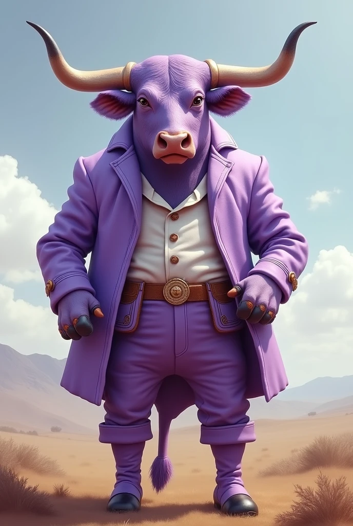 Bull on legs wearing traditional gaucho clothing in lilac color 
