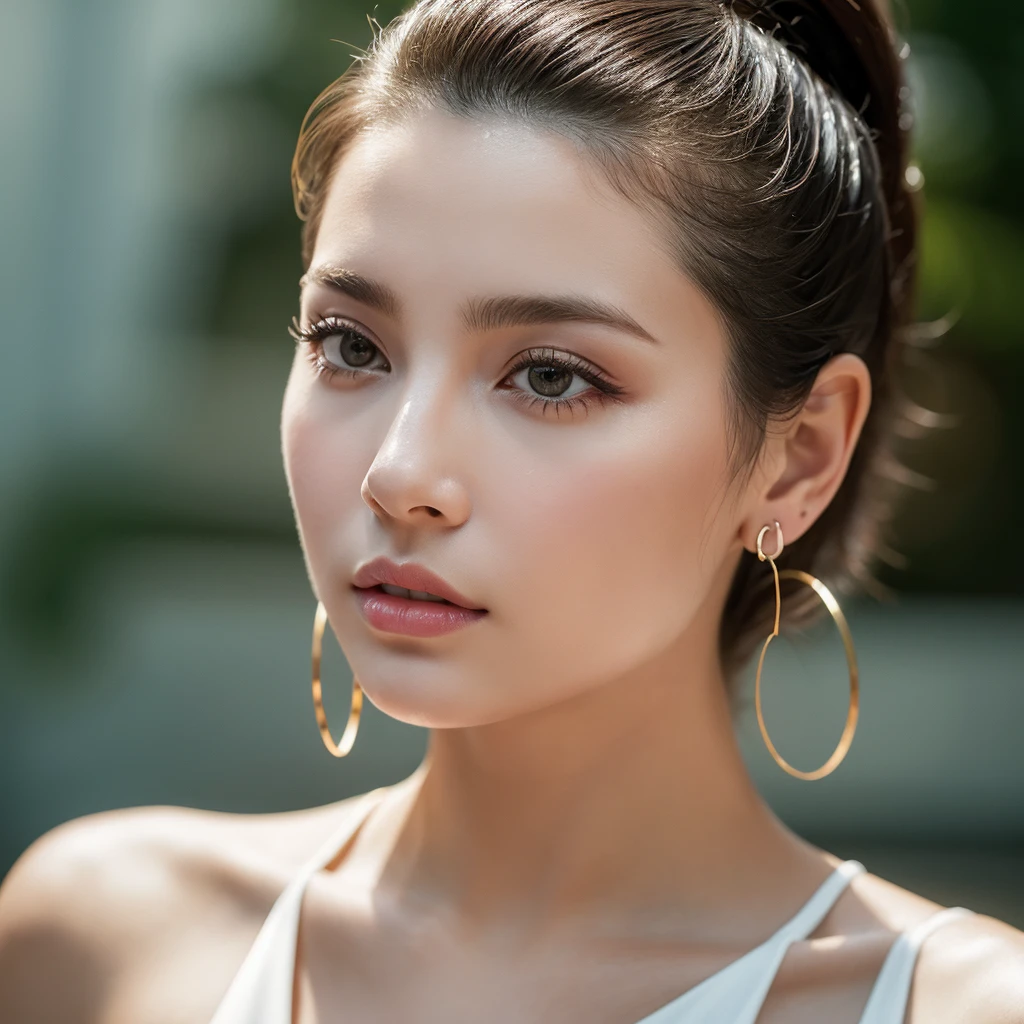masterpiece, Highest quality, alone, One girl, Glowing Skin, Hoop Earrings, glamorous, Whimsical details, Slicked back hair, Fascinating, Bare shoulders, Clothing of the future, Shallow depth of field, Contrasting, Professional Model, Facing forward, Portraiture