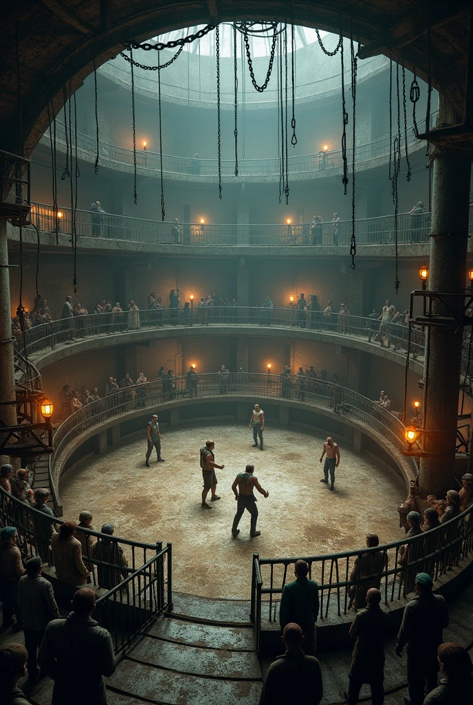 The underground underworld arena is circular. Surrounded by a metal fence, made of rusty steel and chains.  Around the arena raised platforms were constructed with metal scaffolding offering a view.  These platforms are adorned with gas lamps.