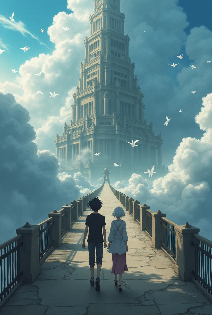 The image is anime style cowboy bebop and Darker than black with shadows and dim lights, anime style although somewhat adult and dark, It shows two people, A young man with black hair and an albino woman with short white hair walking on a very wide and colossal bridge on the way to heaven, the bridge is seen above the clouds, In the distance, at the other end of the bridge, You can see the Tower of Babel rising to the top, with thousands of angels flying around him. The image is focused from far away and from a higher image plane.. In the background of the city you can also see biblicaly accurate angels