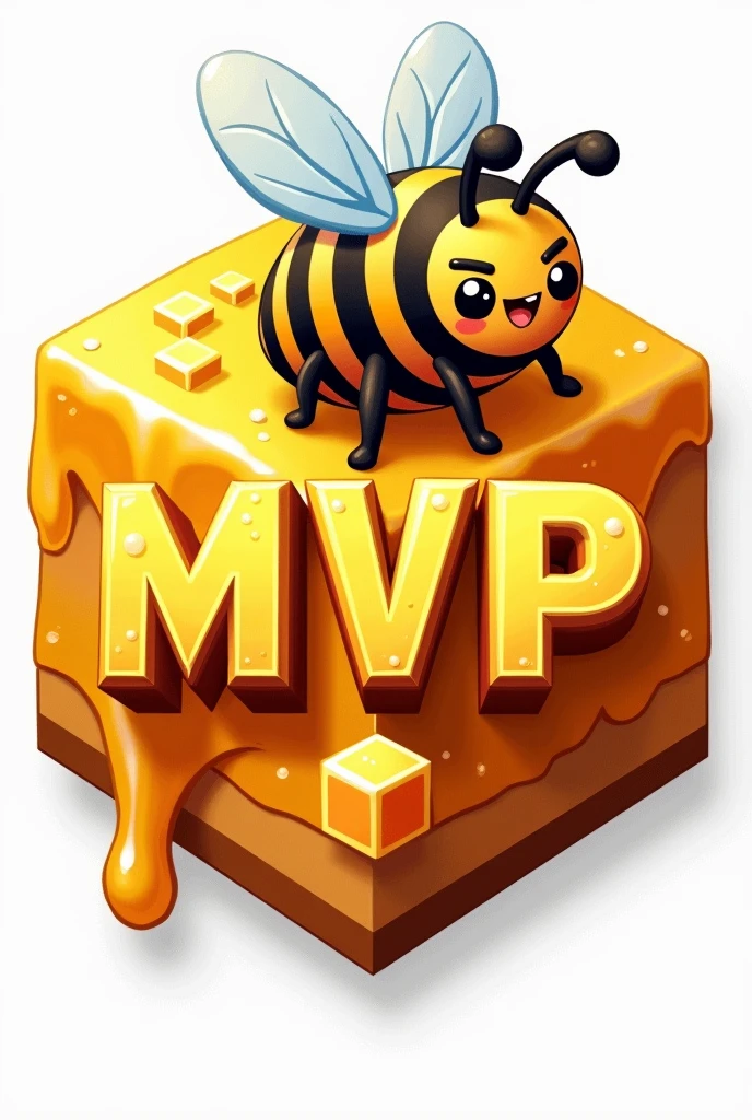 A detailed emblem with the text "MVP" written in an orange-yellow color, a minecraft-themed illustration featuring a minecraft bee and honey, no background