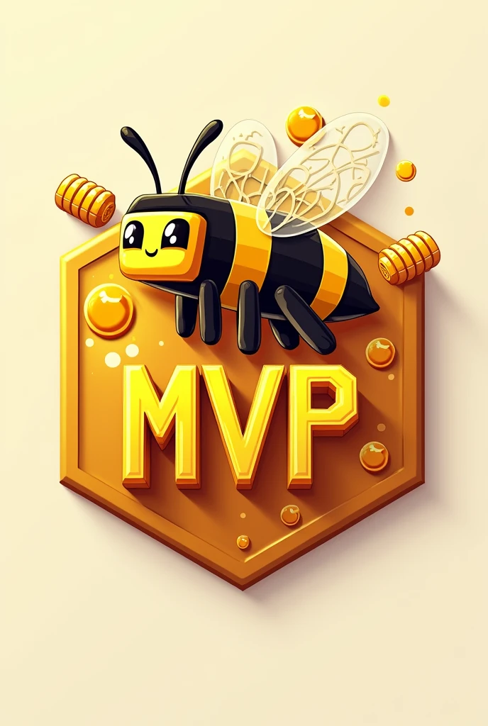A detailed emblem with the text "MVP" written in an orange-yellow color, a minecraft-themed illustration featuring a minecraft bee and honey, no background