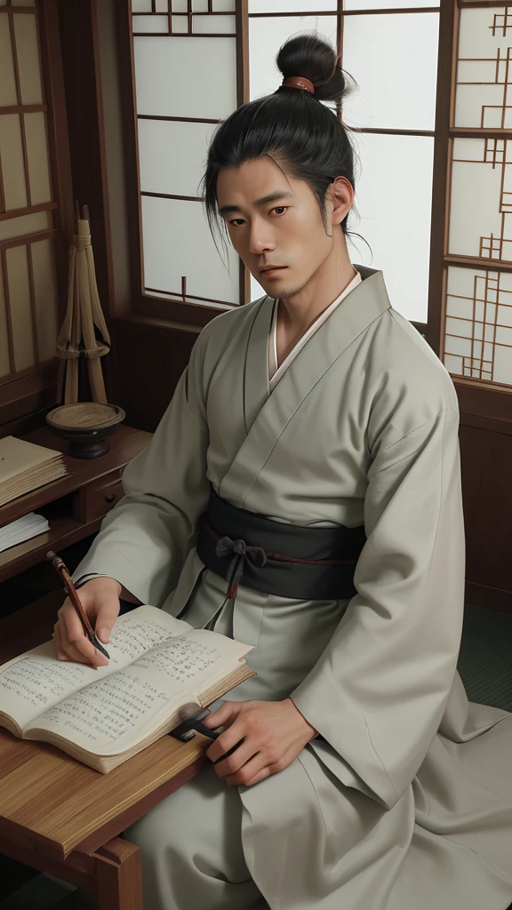 A thoughtful representation of Yoshida Shoin, the influential Japanese scholar and samurai. Shoin is sitting at a low wooden desk, reading a scroll with intense focus. He is wearing a traditional scholar's robe, with simple patterns and a cloth belt. His hair is styled in a scholarly manner, with a topknot and loose strands. The background is a small, modest room filled with books and scrolls, indicating his dedication to learning. There is a paper screen window with a view of a garden outside, where bamboo and a small stone lantern can be seen. His expression is one of deep thought and contemplation.