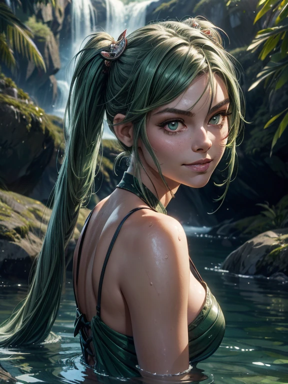 1girl, solo, hair ornament, green hair, twintails, long hair, dress, water,, mid shot portrait photo of (Faruzan) from Genshin Impact,, dark fantasy background, charming smirking., by Greg Rutkowski and Walt Disney ultra realistic highly detailed intricate photorealistic analog style photograph sharp focus on eyes, cinematic lighting,, , ,UHD, HDR, 8K 