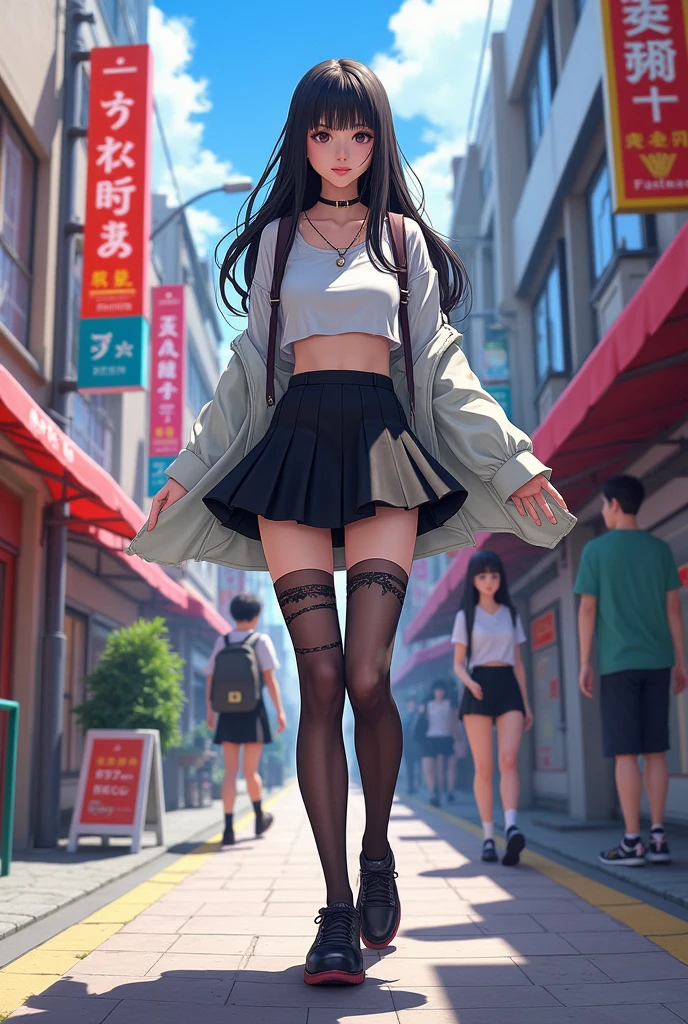 Japanese girl going though the street wearing Crop top, too short Black skater skirt and thigh highs
