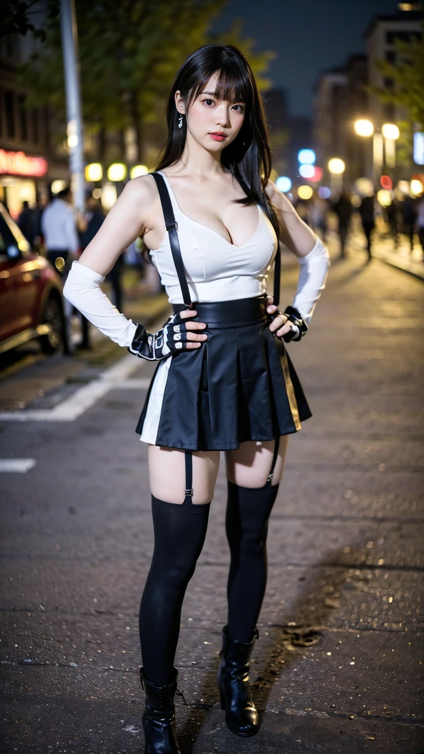 (8k、RAW Photos、Highest quality、masterpiece:1.2)、(Realistic、Realistic)、1 person、((black and white、Cleavage、tights、Gloves、Garter Ring、mini skirt、Thin legs、whole body、boots、View from the front、Looking into the camera、Night Park、Stand with hands on hips))、cute