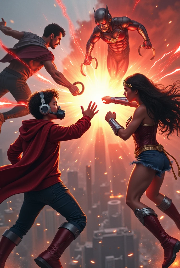 Young Star-lord with red hoodie, headphones, star-lord helmet, gas helmet, covered mouth, round red eyes, Red eyes, magic rings in the hands and rocket boots, Vs. Zomie Wonder Woman, Fighting, power, fiction, full body, magic lasso, hight, fall, fire in boots, poweful spells, realistic, helmet, mask, red cape, confrontation, punch, gun, flying in the sky, view of the city from above, rain, fighting over the spell book, Black gloves, ocean floor, face cover, free hair, front cover