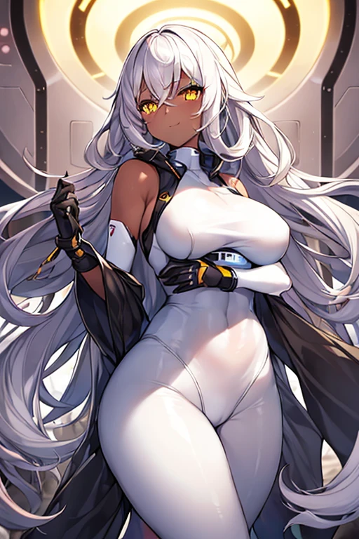 1girl, dark skin, dark-skinned female, white hair, long hair, wavy hair, bodysuit, white bodysuit, black pantyhose, pantyhose, large breasts, thick thighs, hourglass figure, neon lights, futuristic, tech, science-fiction, yellow eyes, smile