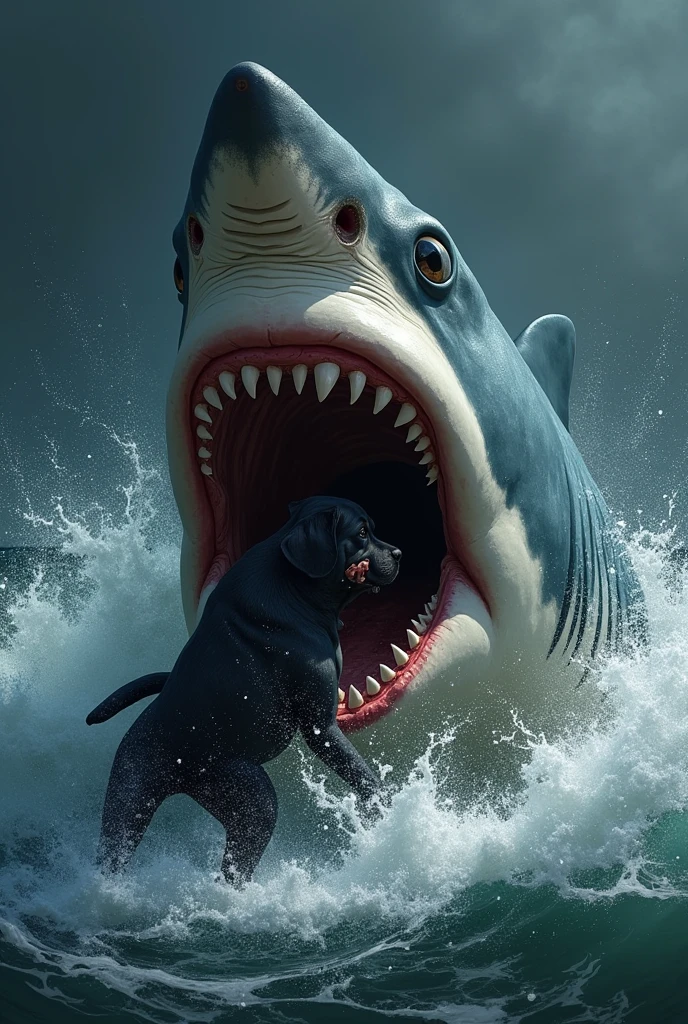 a shark biting a small black dog

