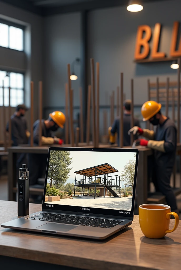 Laptop screen shot showing 3d design of iron frame cafe. Beside the laptop is a black vape the size of a finger and a yellow coffee cup.. Behind the laptop there are several welders welding iron fences and canopies in a large warehouse with lots of iron poles., there is a large iron board with BLV written on it.