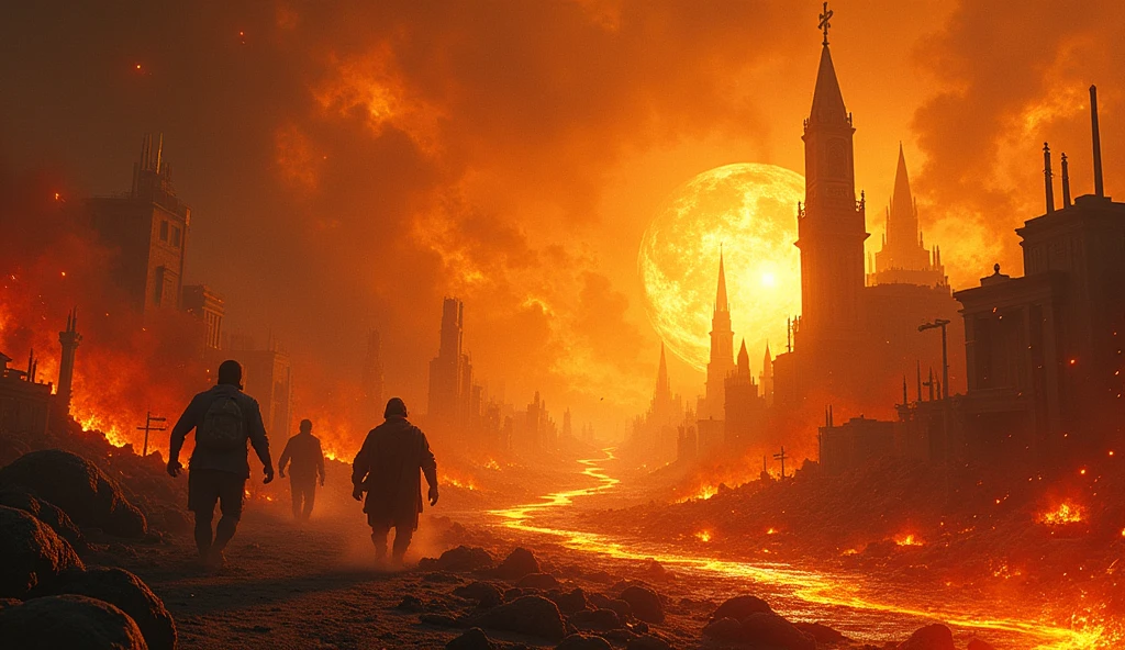 A powerful image of flames and lava flooding the city of Sodom, with figures trying to escape. The sky is on fire, reflecting the impending catastrophe. The composition is dynamic, capturing movement and urgency.
