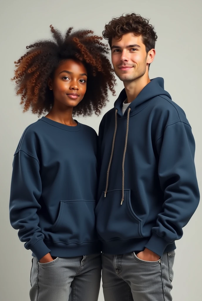 Draw me a picture of a curly girl in a navy blue sweatshirt and her tall teacher next to her in grey jeans and a navy blue jacket turned inside out