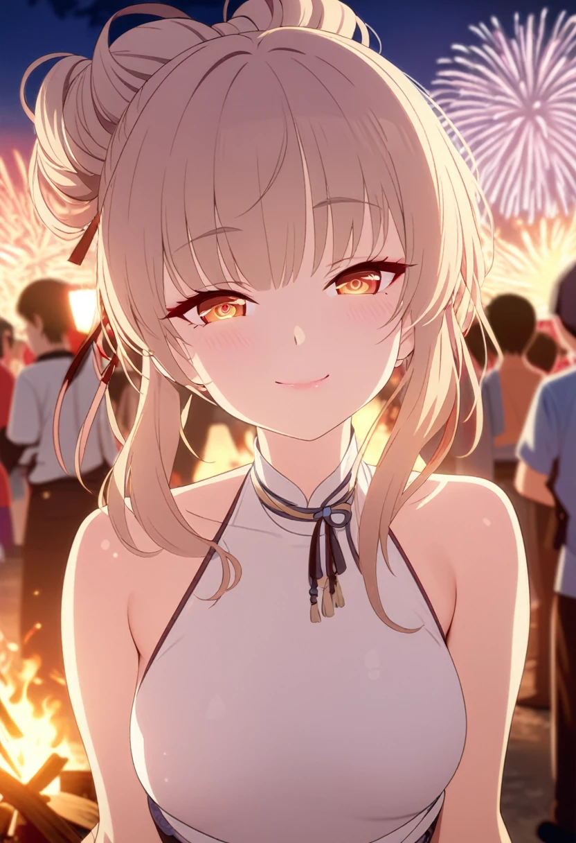 (((top quality, 8k, masterpiece))), (beautiful woman with perfect figure), slender, (hairstyle: up)),  Highly detailed face and skin texture Detailed eyes Double eyelids random posture, (smile),super cute Japan person,super beauty Japanese girl, realistic face, double eyelid,smile,summer festival , at sunset ,fire-works back-ground.