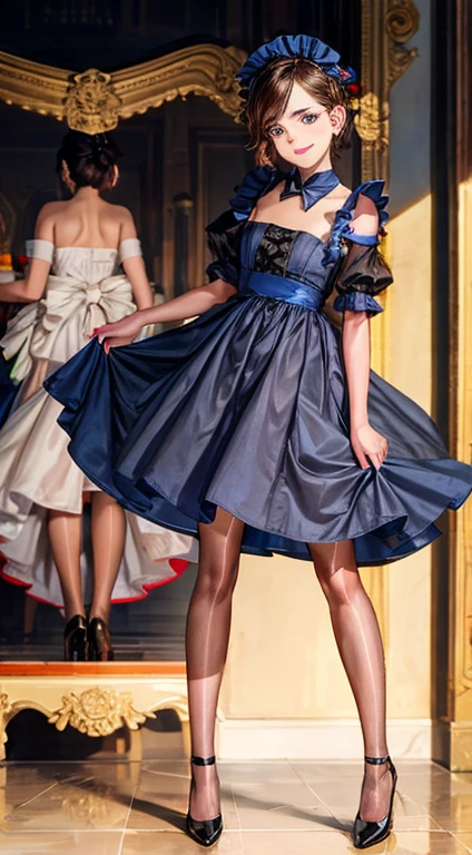 1girl,, Emma Watson, smiling, beautiful, masterpiece, best quality,  head bow,  maid minidress,  pantyhose,  shoes 





