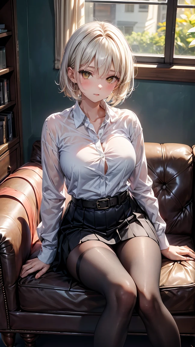 "A 30 year old woman with short white hair, and intense yellow eyes. She is wearing a black long sleeve button down shirt that highlights her elegant figure., a black mini skirt, a black belt, and black tights that cover her toned legs all the way down to her feet. The woman is in the living room of a modern house, with an expression of mystery and coldness. She is sitting on a brown leather sofa, your hands gently resting on the arm of the sofa, as soft sunlight streams in through the large window behind her."