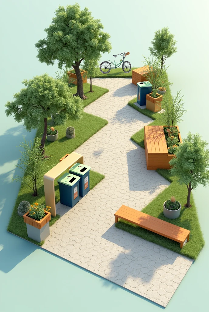 Create a 3D prototype of a parklet 8 meters long and 2 meters wide, space for pets and bicycles, recycling bins and a green pvc bench