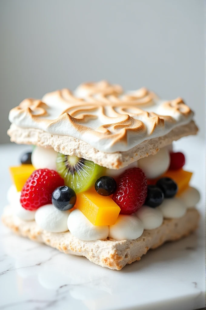 Square pavlova filled with fruit and with a pavlova top