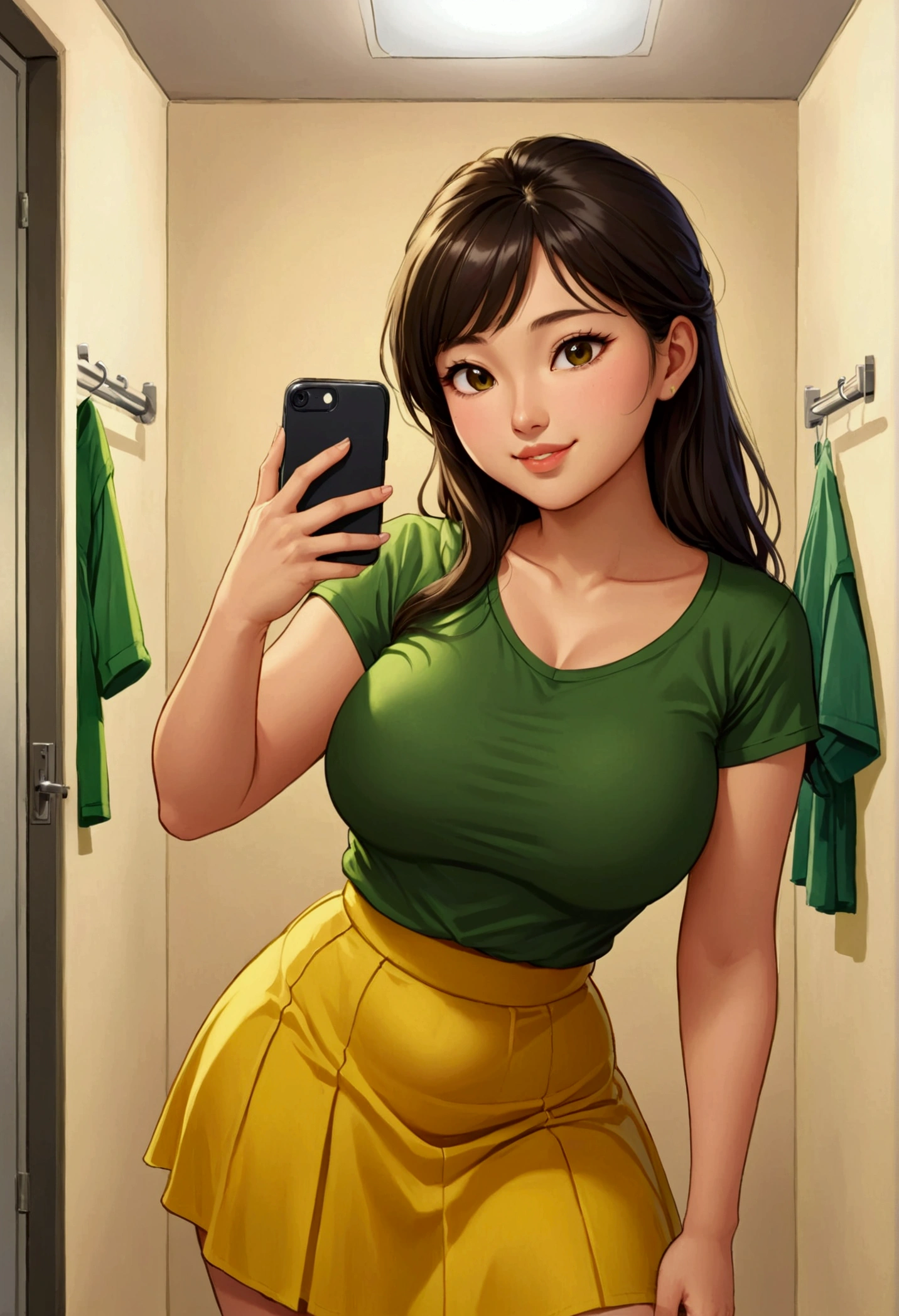 femme de 20 ans, Cheveux noirs très longs, frange, asiatique aux yeux marron, Des seins généreux et lourds , chubby, lèvres pulpeuses, naturellement courbé, cuisses musclées , fitting room, yellow long Skirt and green teeshirt ,selfie, side view, sourire