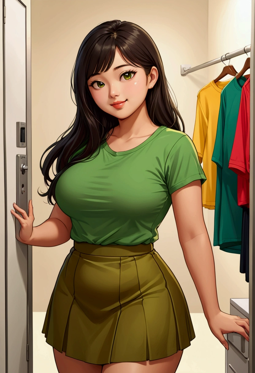 femme de 20 ans, Cheveux noirs très longs, frange, asiatique aux yeux marron, Des seins généreux et lourds , chubby, lèvres pulpeuses, naturellement courbé, cuisses musclées , fitting room, yellow long Skirt and green teeshirt ,selfie, side view, sourire