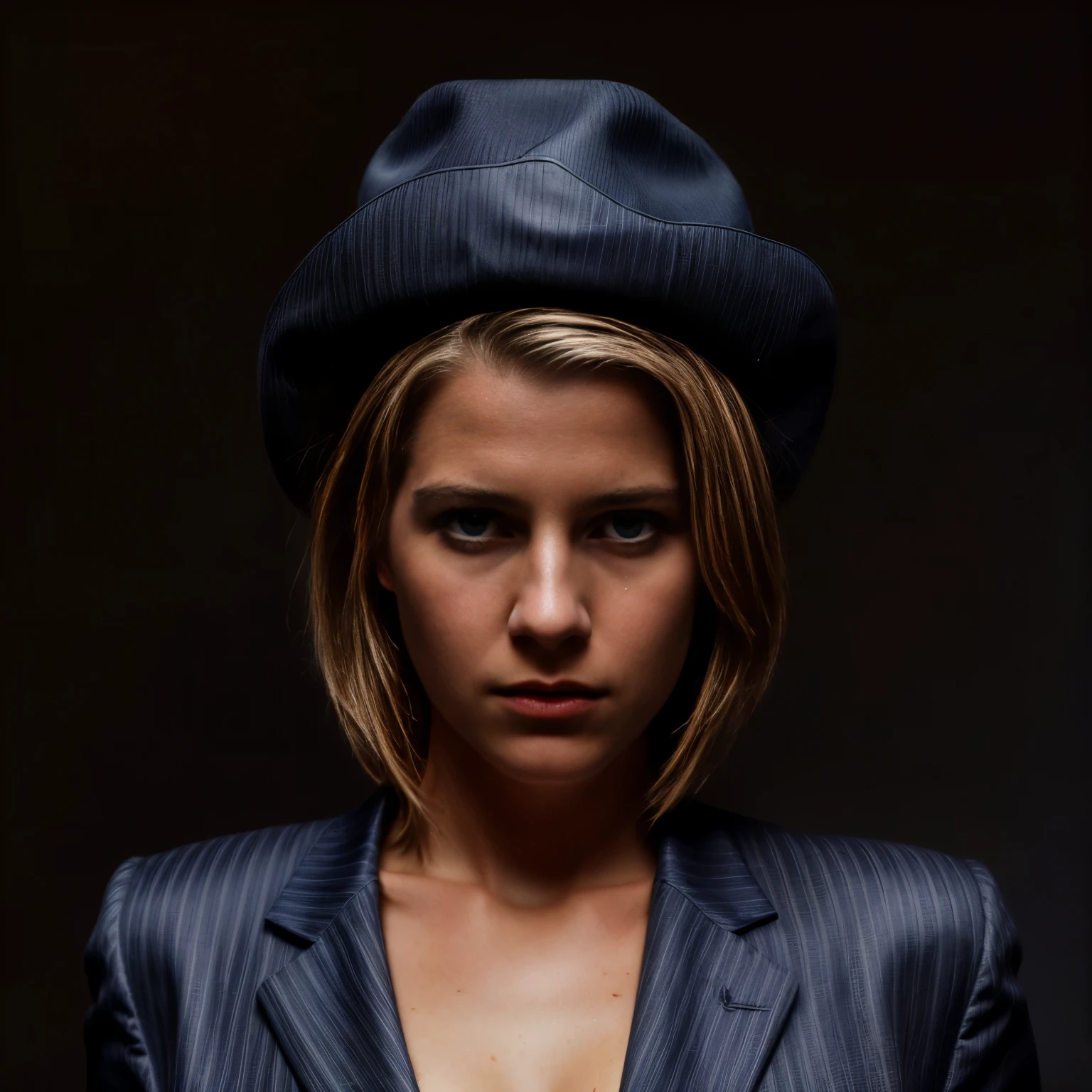 Best quality, masterpiece, ultra high res, (photorealistic:1.4), raw photo, 1girl, blonde hair, blue eyes, detailed eyes and face, black suit, dynamic lighting, in the dark, deep shadow, low key, cowboy shot full-lenght body