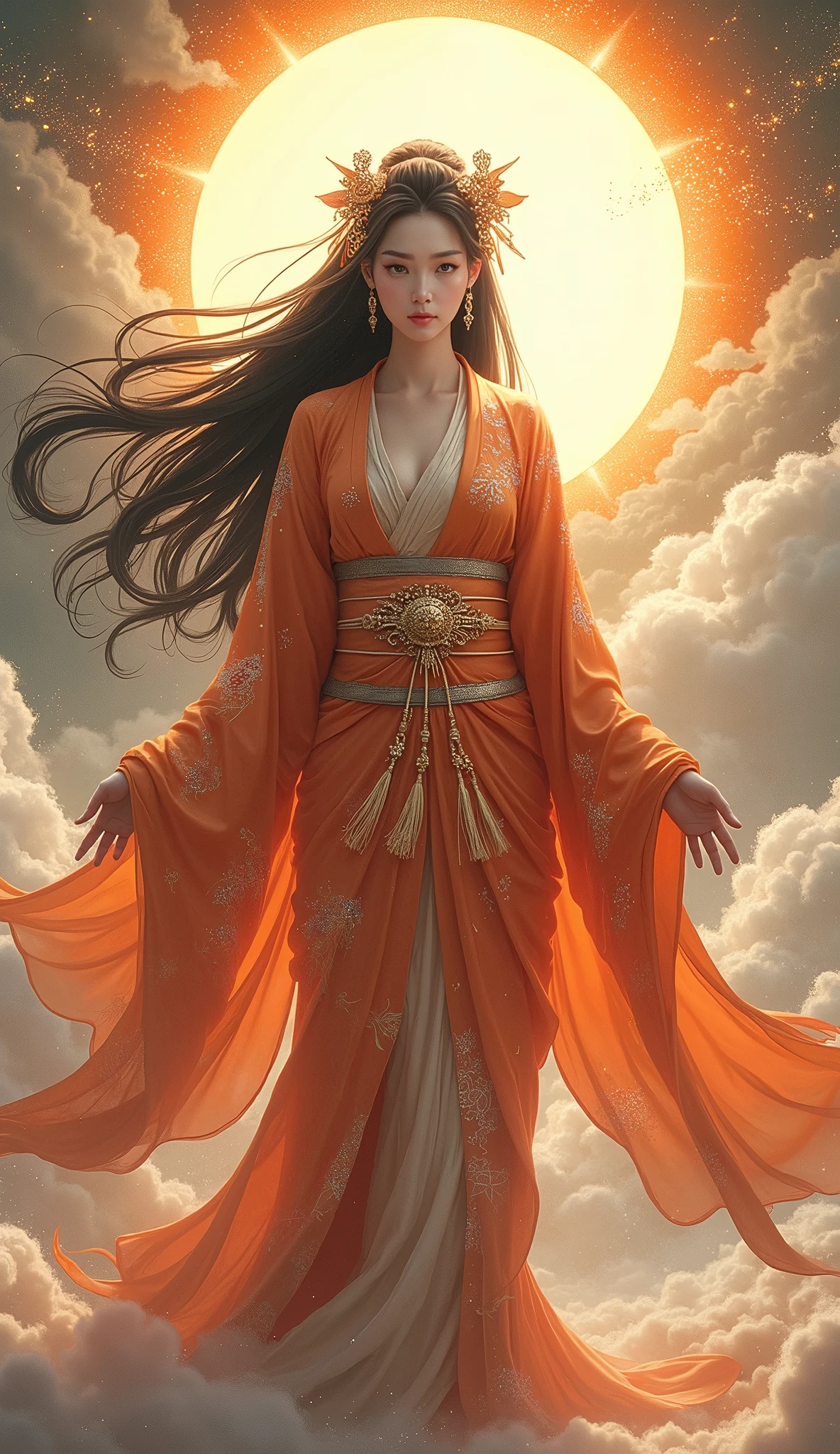 Divination
Japanese Goddess
Strong Goddess
Upper body
Background is God々Shining々しい
Size 9：16 vertical colors are warm colors