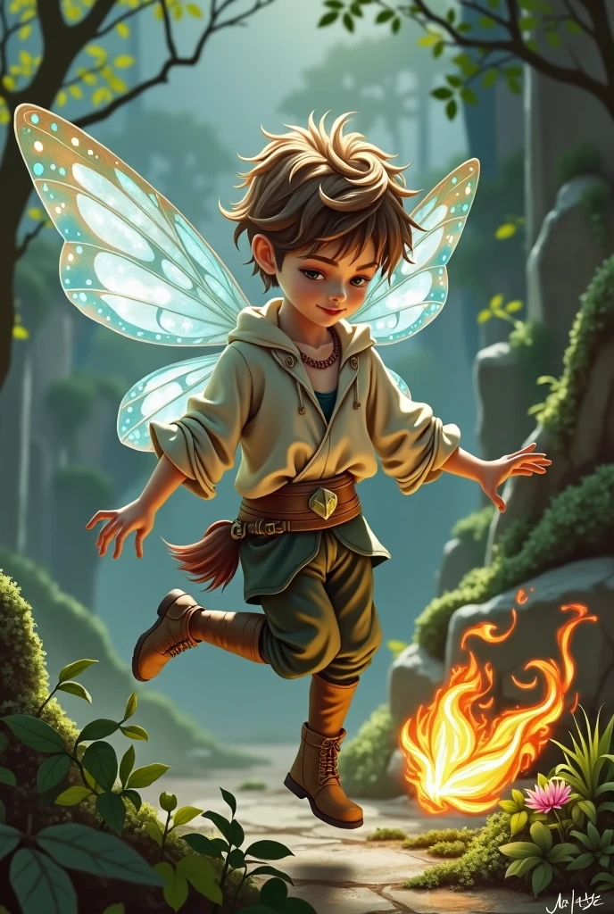 A small young male fairy with brown hair, crystal pale blue wings and wearing a herbalist outfit playing with a small fire elemental (dungeons & dragons)
