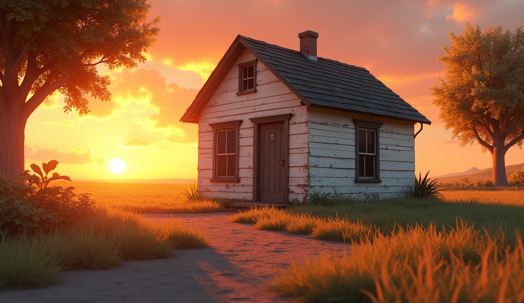 A simple house with peeling white paint. The golden light of the setting sun casts long shadows across the empty front yard. The windows are shut tightly, giving an air of mystery and slight unease.style:3d pixar animation