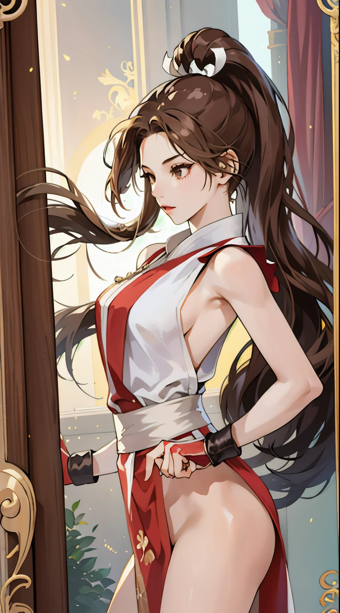 (work of art, Maximum quality, best qualityer, offcial art, beautiful and aesthetic:1.2), (1 girl:1.3), (Fractal Art:1.3), card, tarot,hair blue, twin braids, hair flower, (good lighting:1.1), ((high resolution)), eyes browns, long hair, chestnut hair, white ribbon, sleeveless, hypdertailed, range, pelvic curtain, arm protectors, mitts, ou, shiranui mai,whole body, wearing white panties and wet