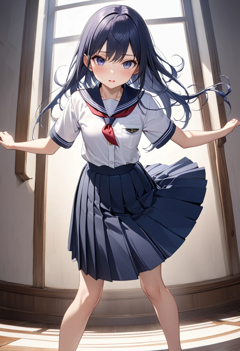 (Highly detailed CG:1.2), (masterpiece:1.2), (Highest quality:1.2),,((Absurd)),View your viewers,whole body, ,(One girl),alone,(Long Hair),(Masayom uniform),(White shirt short sleeve),(navy_Blue pleated skirt),(Long skirt),Dynamic Angle,Are standing,Dynamic pose,((Delicate facial features)),, nude、Small breasts、Panties、bra